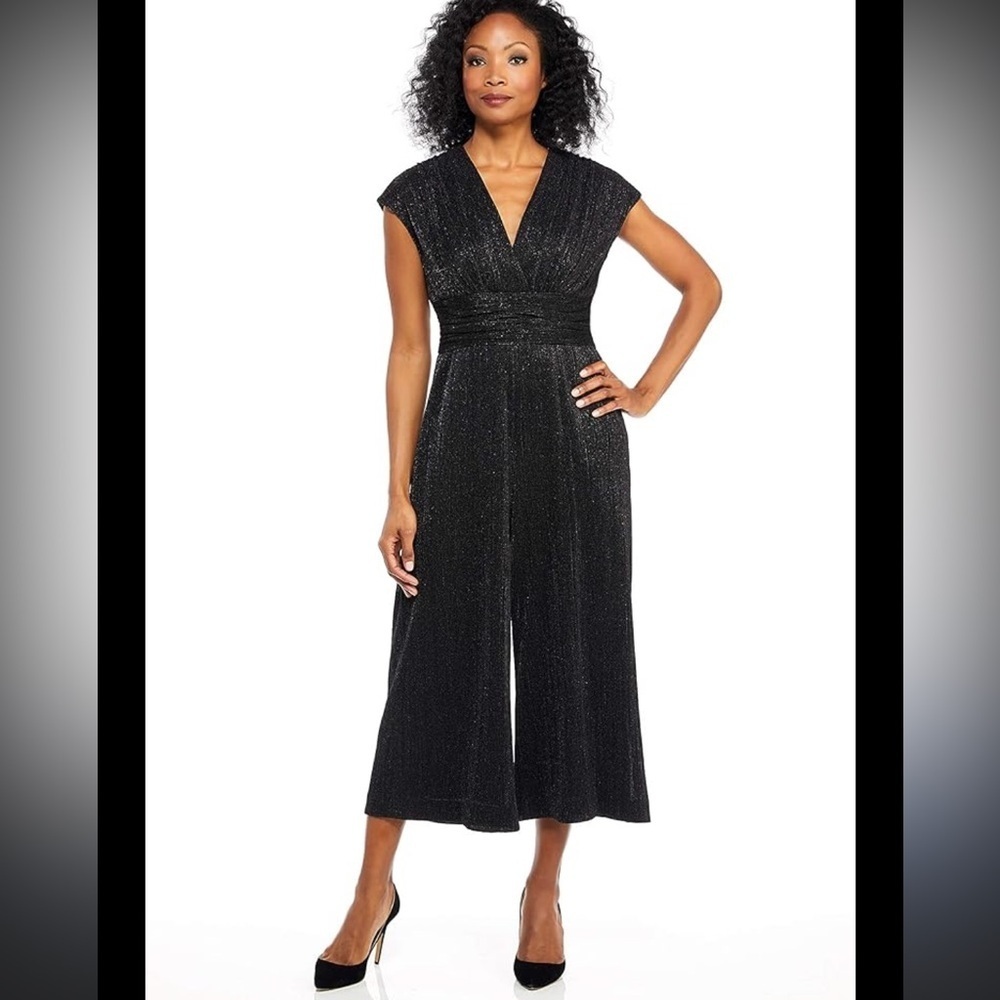 Maggy London Black Sparkle Pleat Novelty Wide-Leg Crop Jumpsuit Romper US 2 - Picture 1 of 14